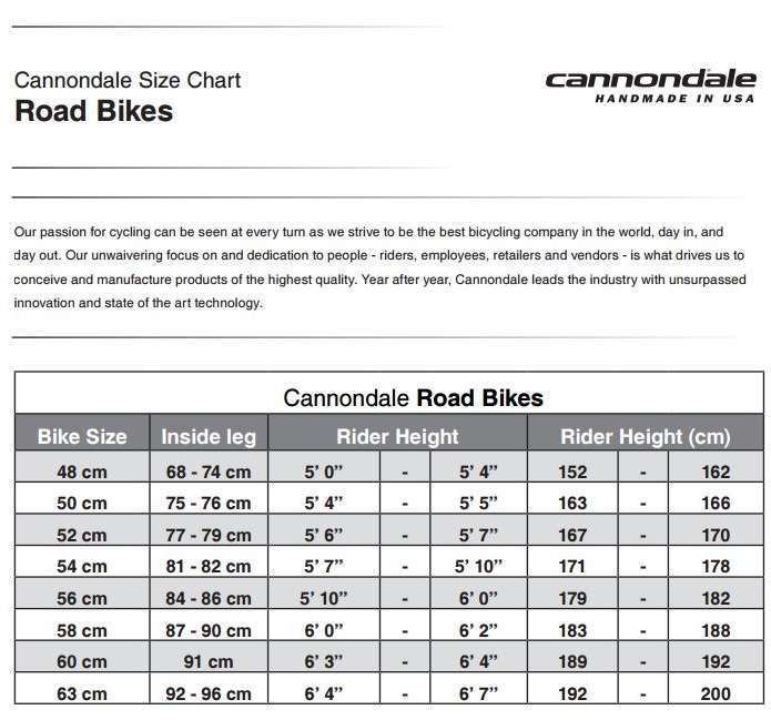 Cannondale Mountain Bike Frame Size Chart